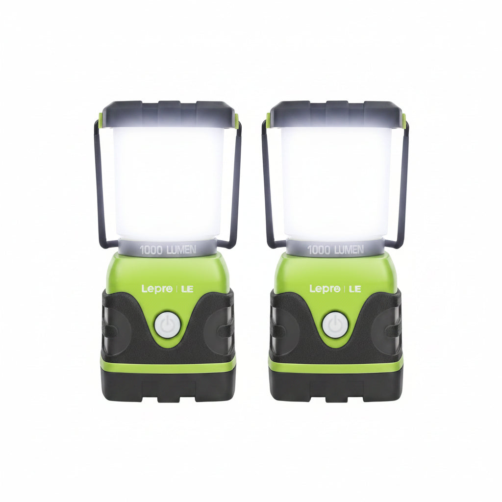 Two green and black Lepre LE lanterns with 1000 lumen rating on a white background.