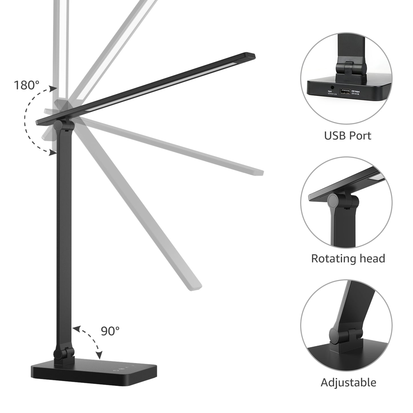 Lepro LED Desk Lamp (Dimmable, Black, with USB Charging Port)