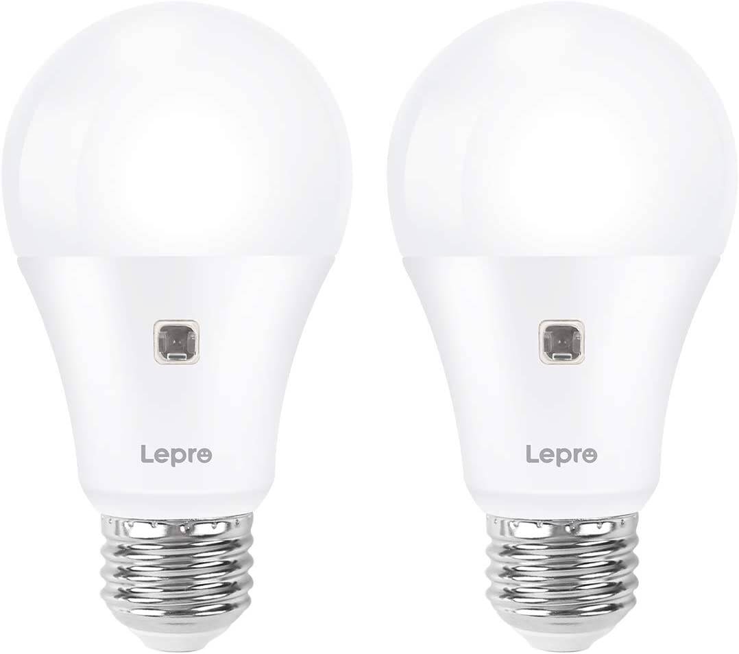 Lepro A19 Dusk to Dawn LED Light Bulb, E26 Base, 9W (60W Equivalent), 800 Lumens, 2700K Warm White, Non-Dimmable, Damp-Proof, 2-Pack