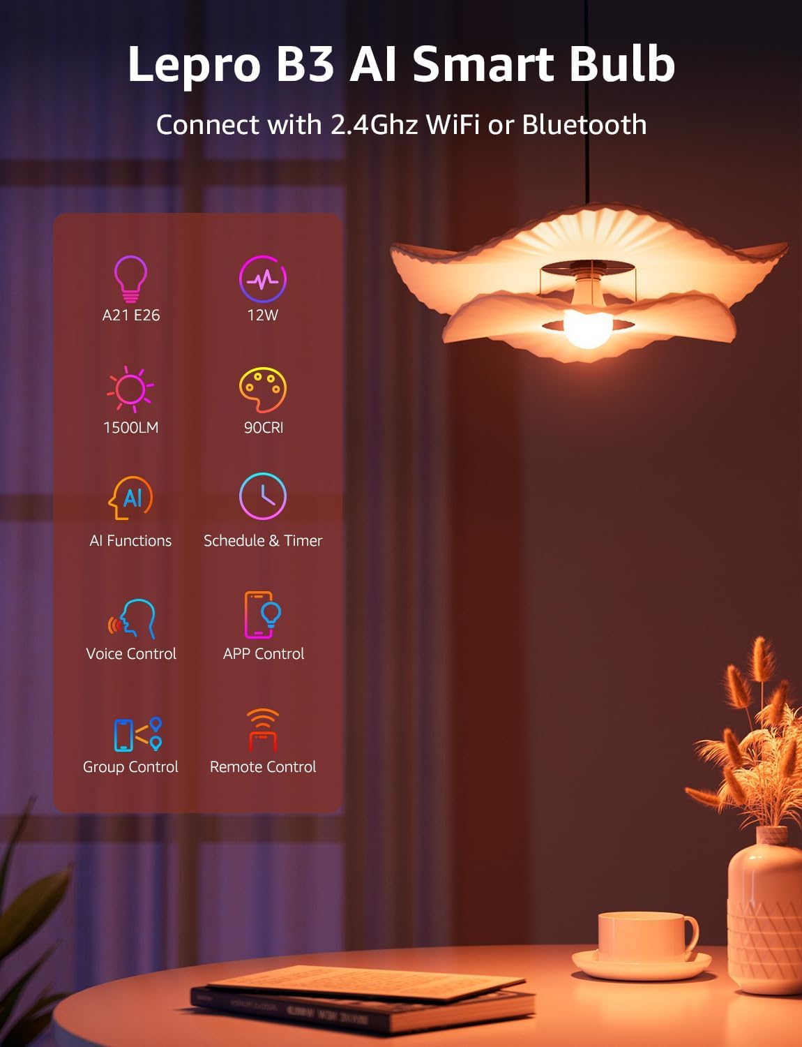 Lepro B3 AI Smart Light Bulbs - 1500LM 100W Equivalent A21 Bulb, WiFi & Bluetooth RGBWW Color Changing, Works with Alexa & Google Assistant, AI Voice Control by App, Music Sync, 2.4GHz Only