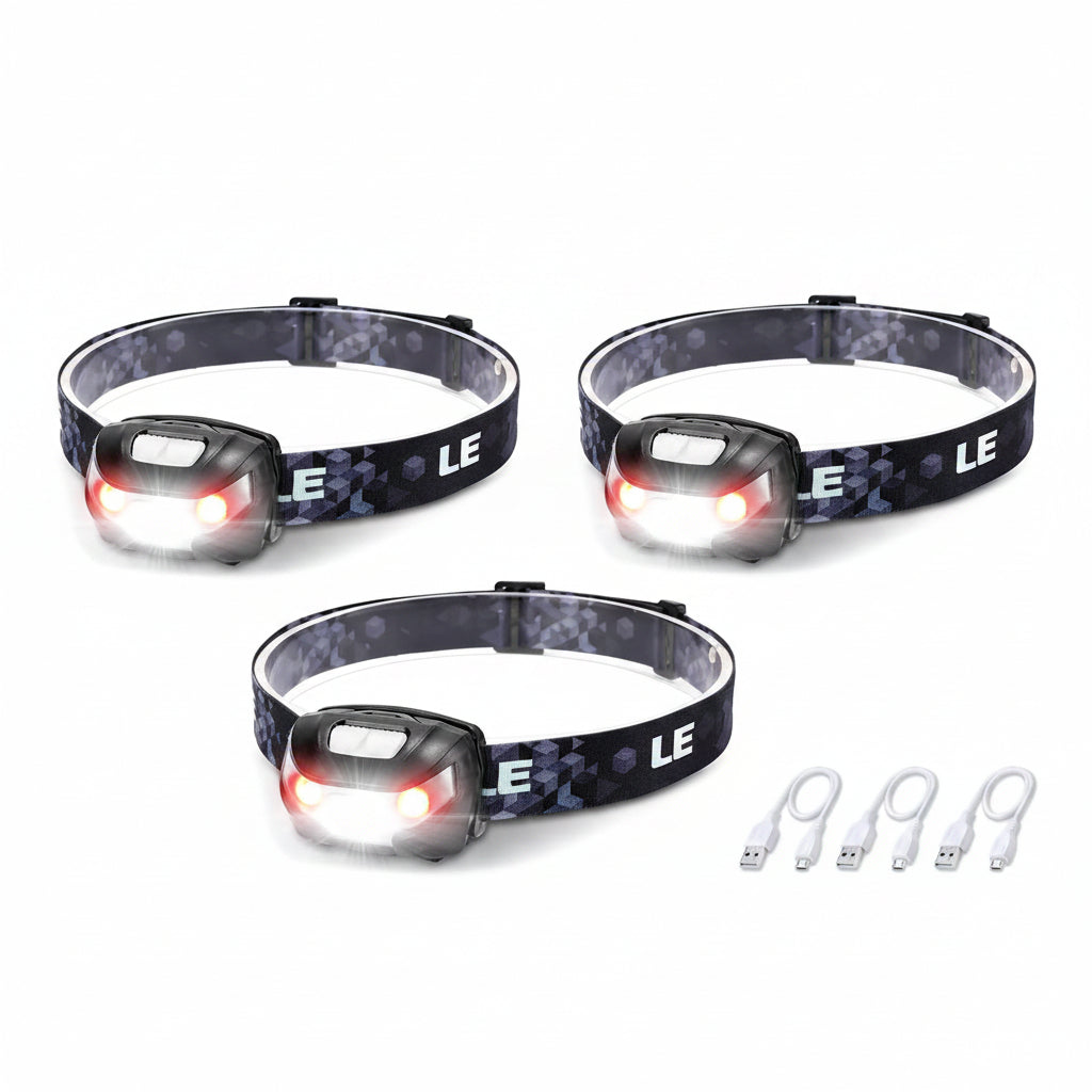 Three headlamps with visible branding on a white background