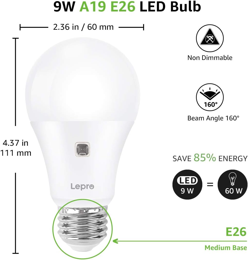 Lepro A19 Dusk to Dawn LED Light Bulb, E26 Base, 9W (60W Equivalent), 800 Lumens, 2700K Warm White, Non-Dimmable, Damp-Proof, 2-Pack