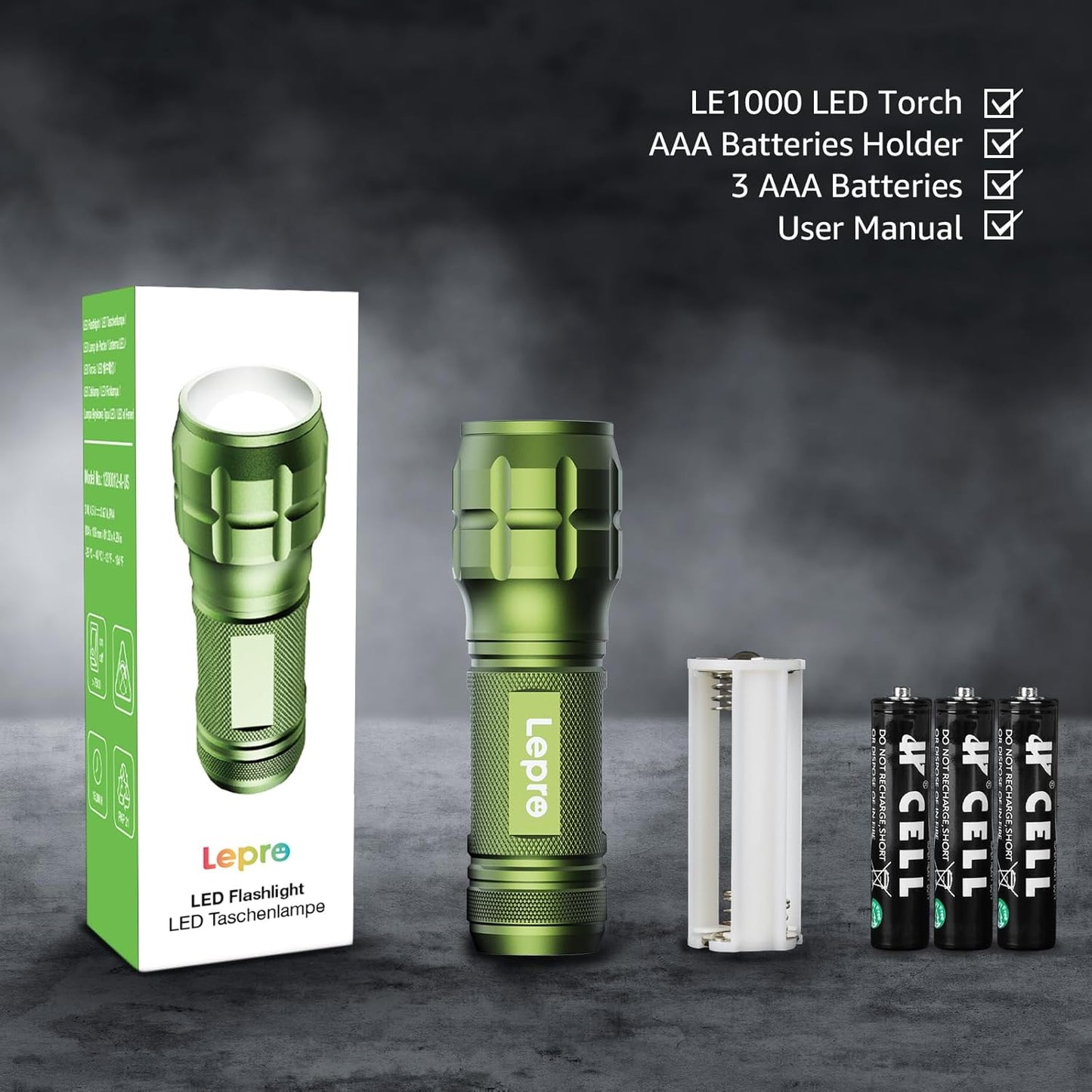 Lepro Portable LED Flashlight (Green, High Lumens, Waterproof, AAA Batteries Included)