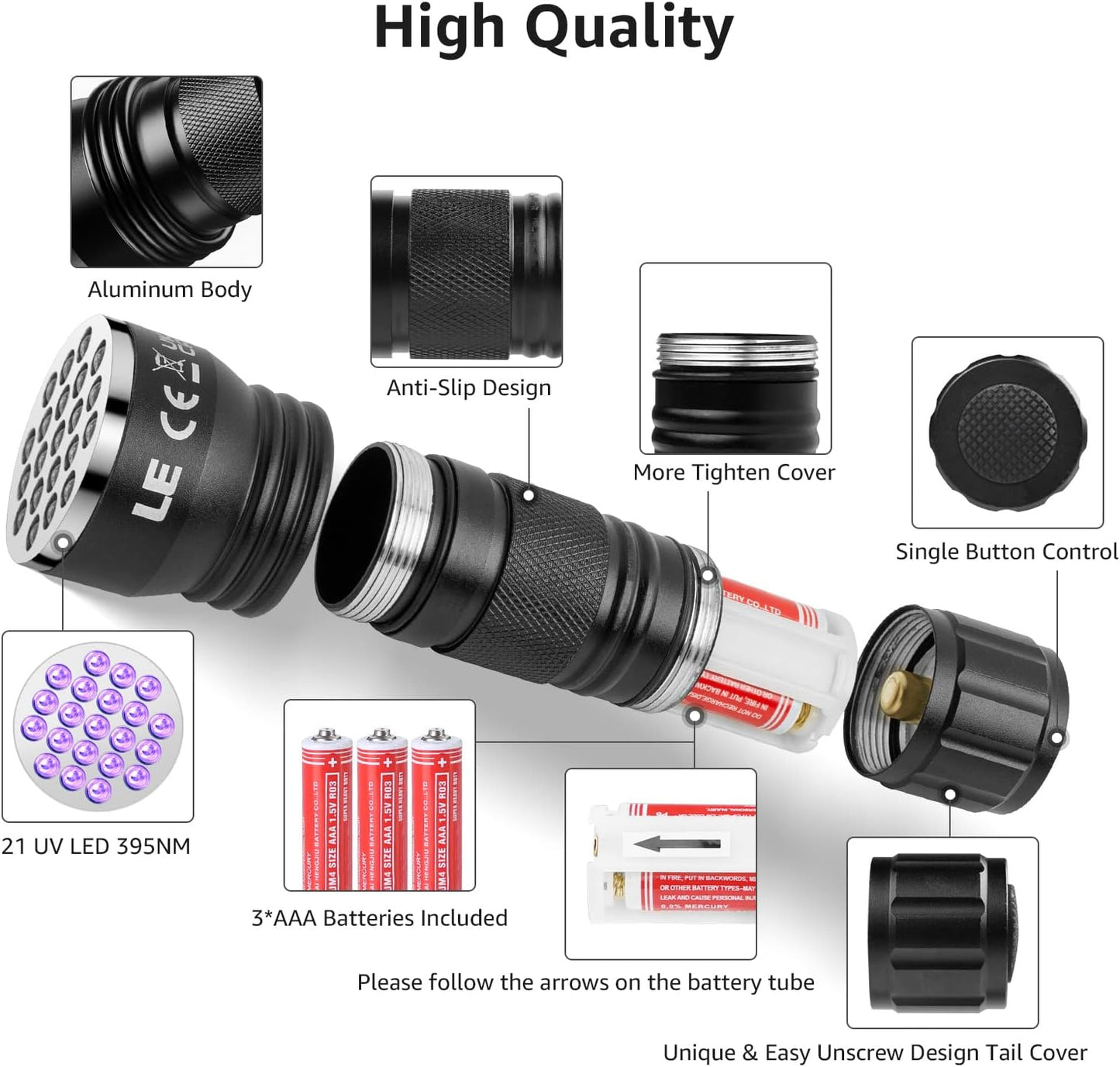 Lepro 395nm UV Black Light Flashlight with 21 LEDs, Portable Ultraviolet Stain Detector with AAA Batteries