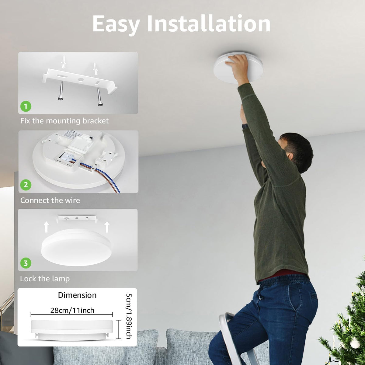 Lepro 11-Inch Waterproof LED Flush Mount Ceiling Light (24W, 2400LM, Low Profile, Daylight White)