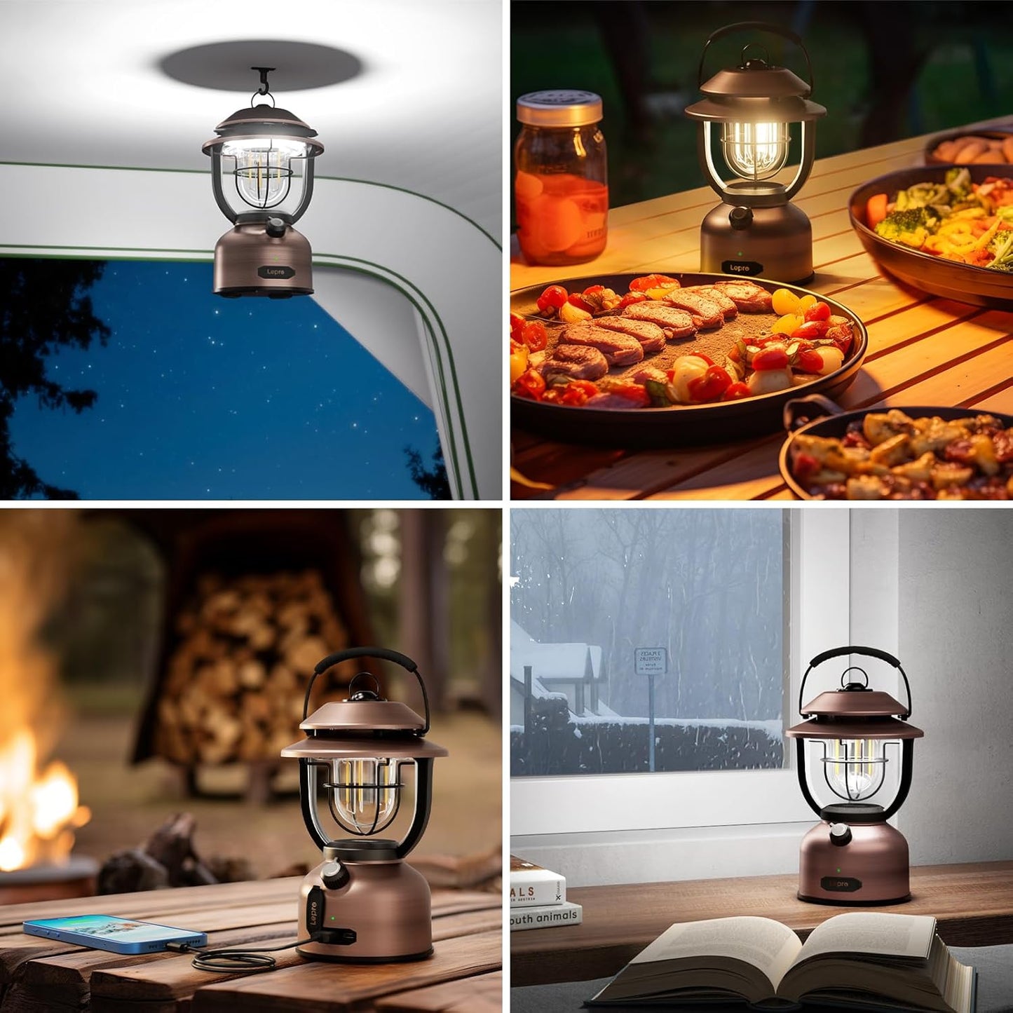 Lepro Vintage LED Rechargeable Camping Lantern (15000mAh Power Bank, 1000LM Stepless Dimming, IPX4 Waterproof Retro Torch)