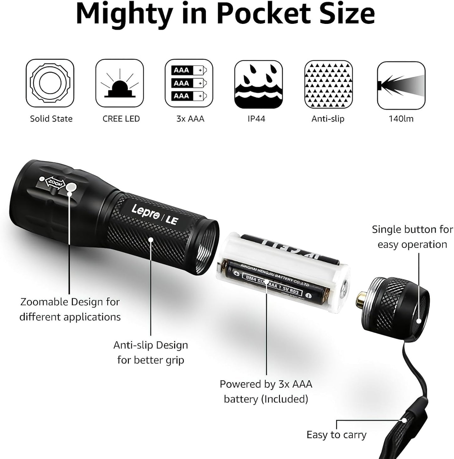 Lepro 2-Packs LED Flash Light LE1000 High Lumens, Mini Multifunction Tactical Flashlight , Zoomable, Waterproof, Adjustable Brightness, for Camping, Outdoor and Emergency Use (AAA Batteries Included)