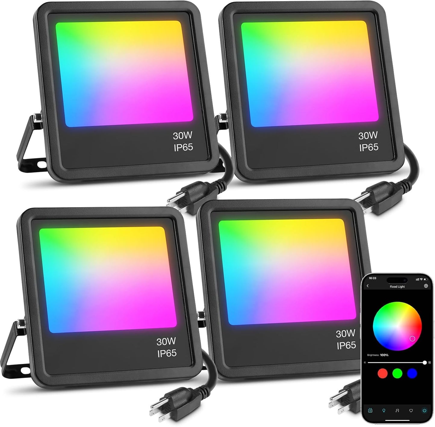 Lepro 30W smart outdoor flood lights 4-pack with smartphone app color control display