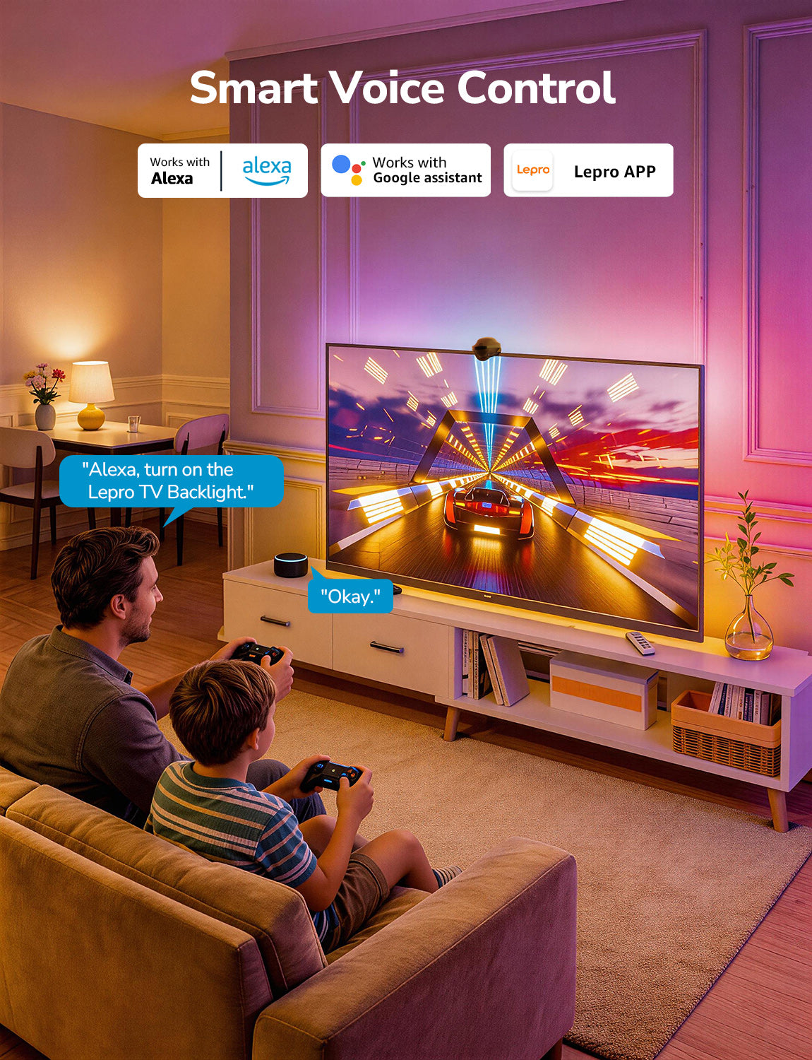 Two people sitting on a couch in a living room with a large TV displaying a game, featuring smart voice control technology.