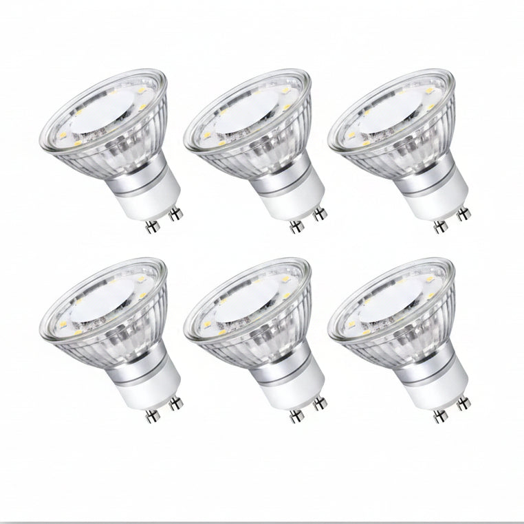 Six LED light bulbs with GU10 base on a white background