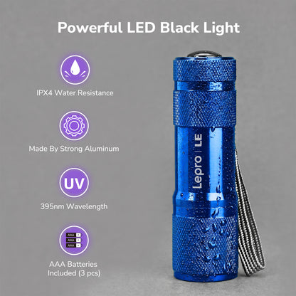 Lepro 365nm UV Flashlight, Small Portable Black Light Detector for Invisible Ink Pens, Dog Cat Pet Urine Stain, AAA Batteries Included, Blue
