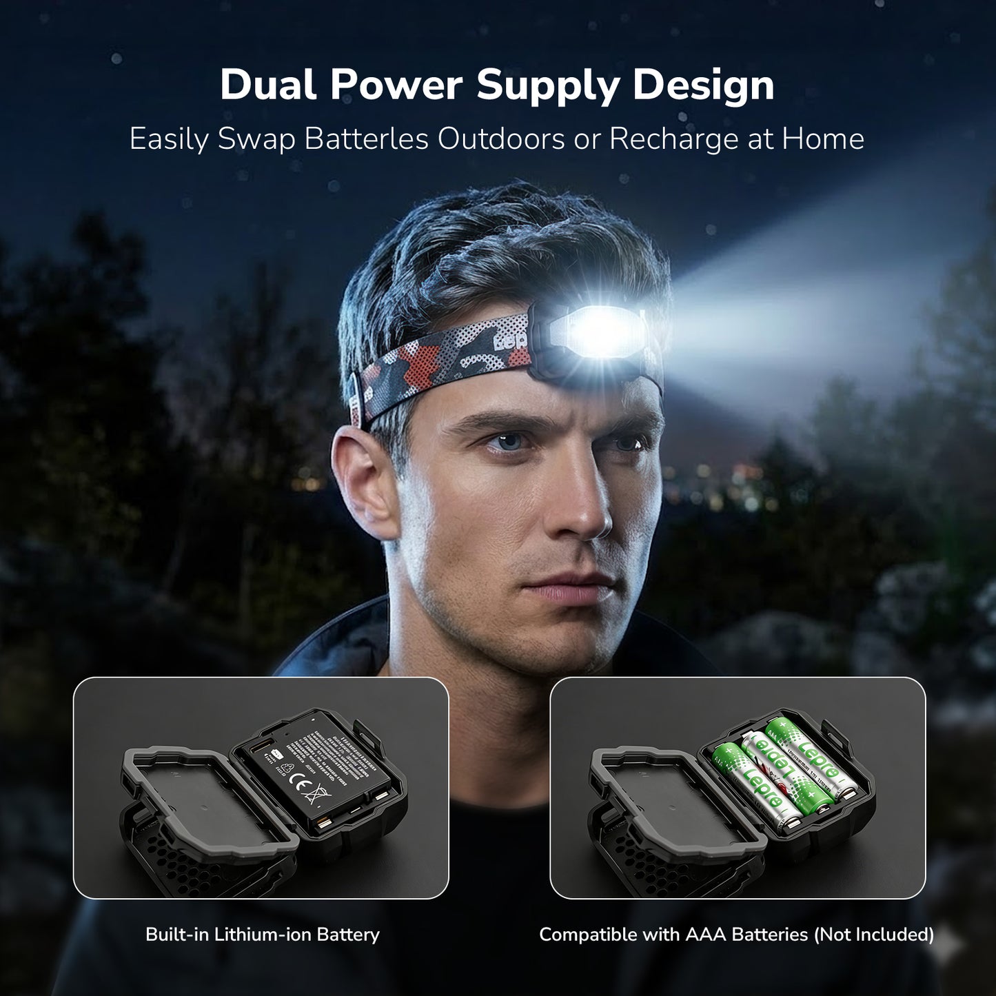 Lepro Dual Power Headlamp, Rechargeable LED Headlamp with Type-C & AAA Backup, 10 Modes with Red Light, Lightweight IPX4 Water Resistant Head Light for Camping, Running, Hiking, Emergency