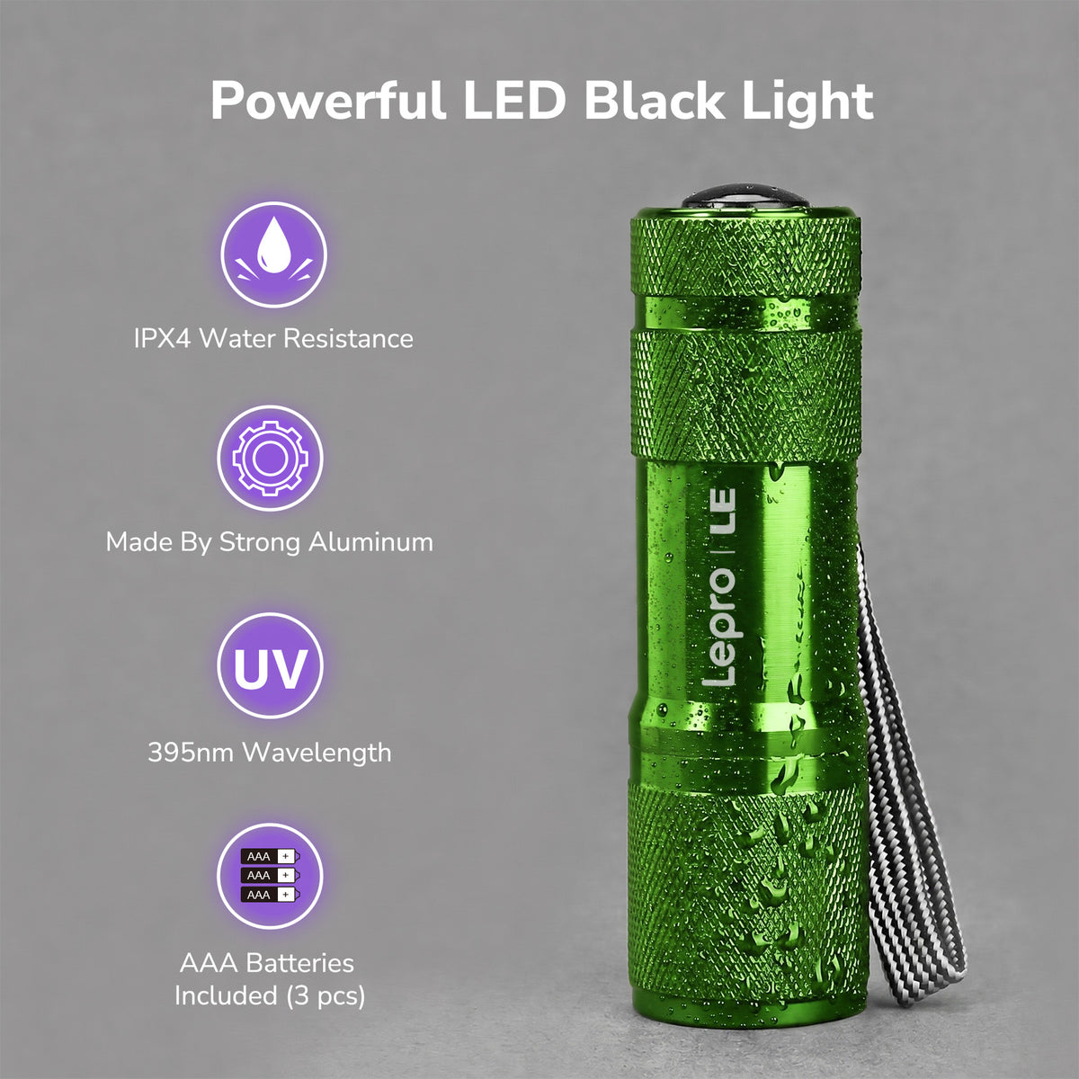 Lepro 365nm UV Flashlight, Small Portable Black Light Detector for Invisible Ink Pens, Dog Cat Pet Urine Stain, AAA Batteries Included
