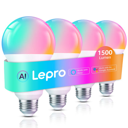 Lepro B3 AI Smart Light Bulbs - 1500LM 100W Equivalent A21 Bulb, WiFi & Bluetooth RGBWW Color Changing, Works with Alexa & Google Assistant, AI Voice Control by App, Music Sync, 2.4GHz Only