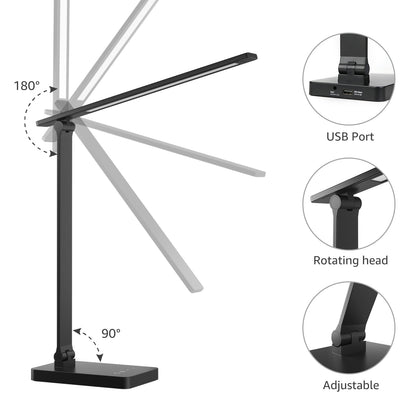 Lepro LED Desk Lamp (Dimmable, Black, with USB Charging Port)
