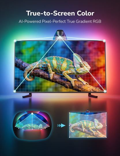 TV screen displaying a chameleon with True-to-Screen Color technology text above.