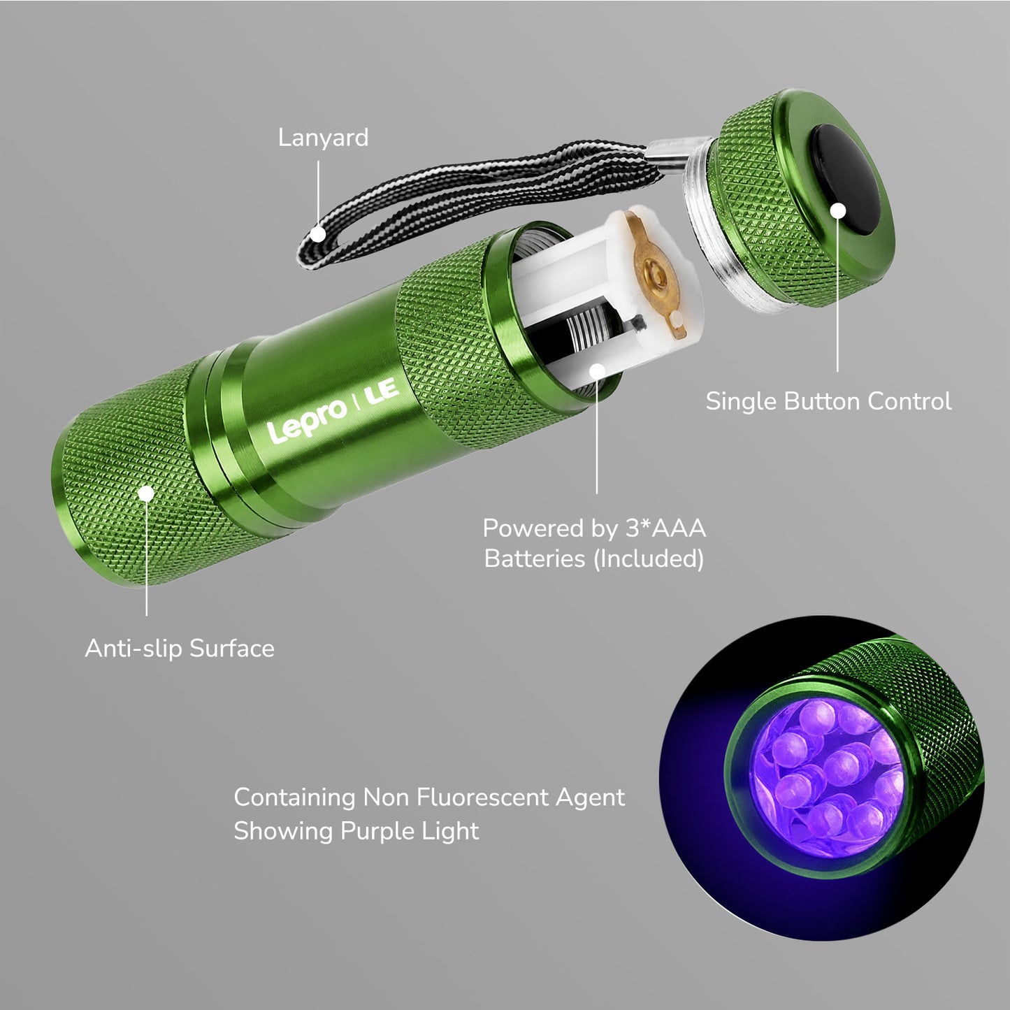 Lepro 365nm UV Flashlight, Small Portable Black Light Detector for Invisible Ink Pens, Dog Cat Pet Urine Stain, AAA Batteries Included