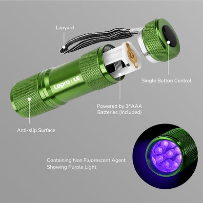 Lepro 365nm UV Flashlight, Small Portable Black Light Detector for Invisible Ink Pens, Dog Cat Pet Urine Stain, AAA Batteries Included