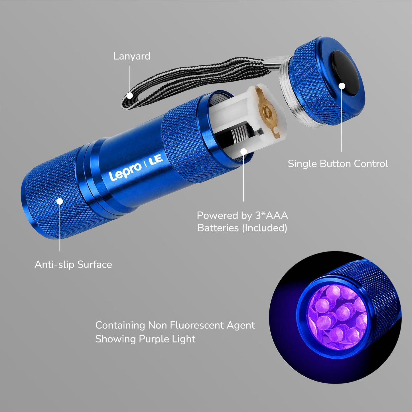 Lepro 365nm UV Flashlight, Small Portable Black Light Detector for Invisible Ink Pens, Dog Cat Pet Urine Stain, AAA Batteries Included, Blue