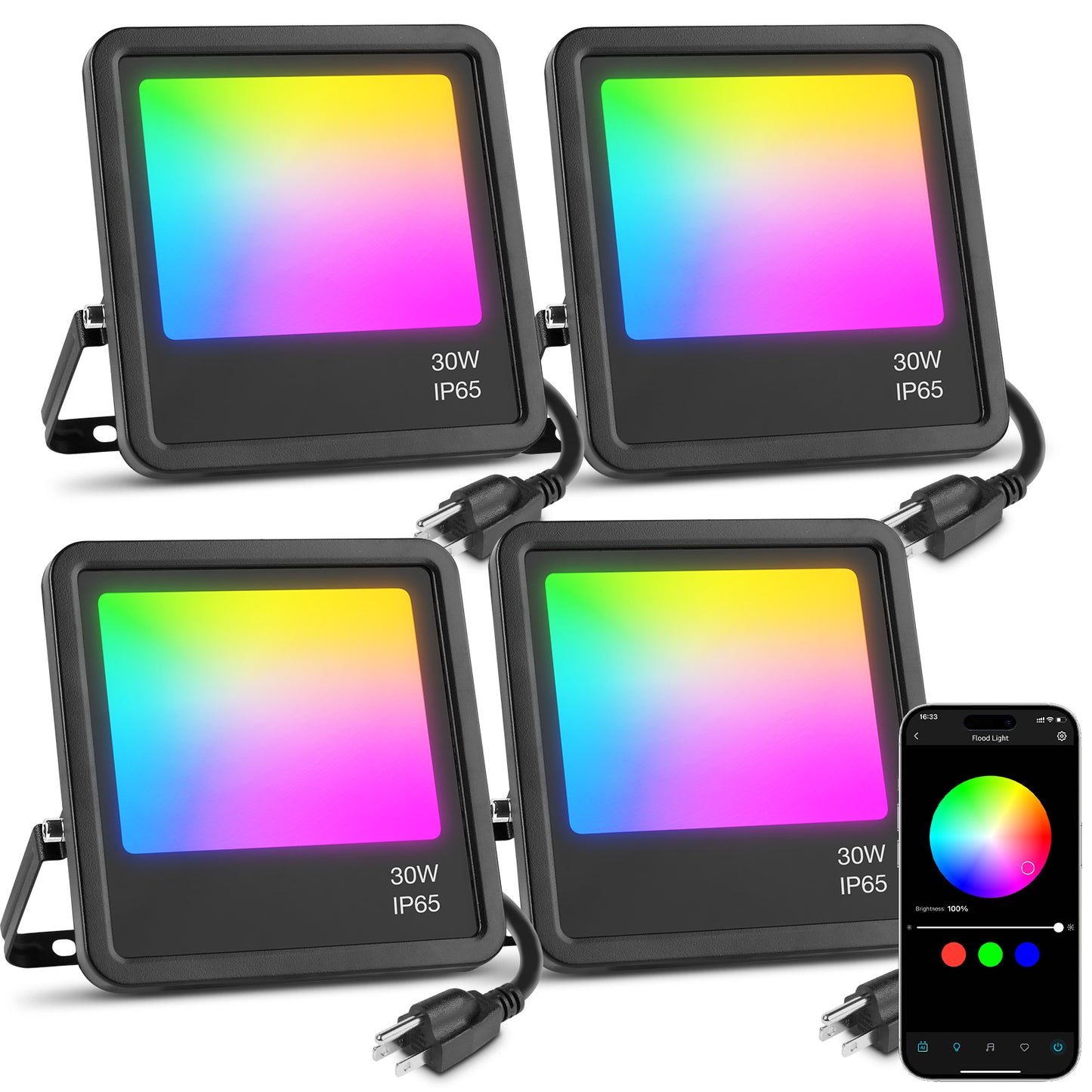 Lepro 30W Smart Flood Lights Outdoor, 2700LM RGBW Color Changing, IP65 Waterproof, 2700K Warm White & 16M Colors, App/Voice/Alexa/Google Home Control, US Plug