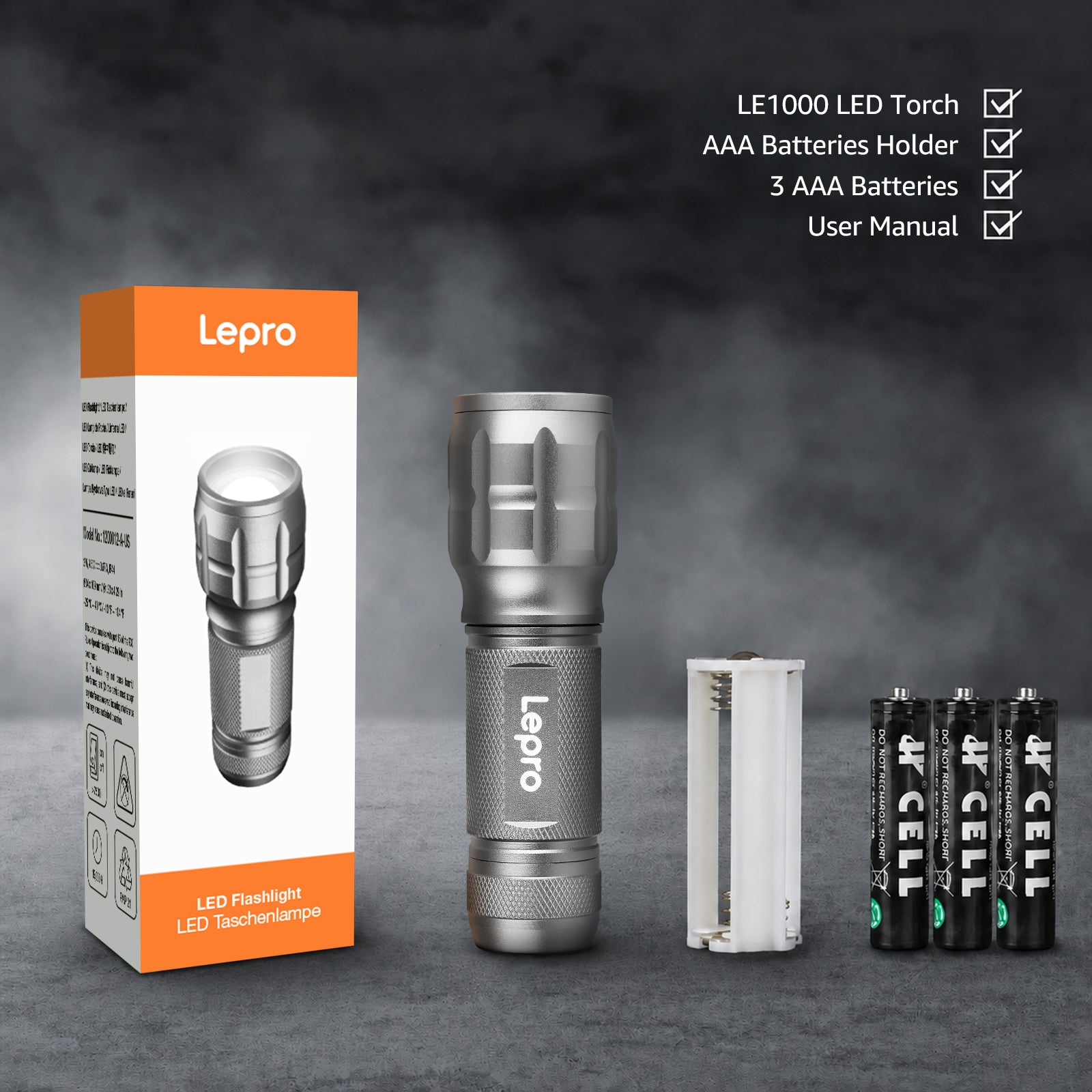 Lepro Portable LED Flashlight (Gray, High Lumens, Waterproof, AAA