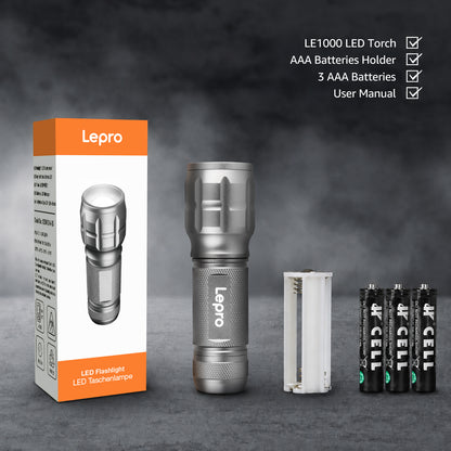 Lepro Portable LED Flashlight (Gray, High Lumens, Waterproof, AAA Batteries Included)