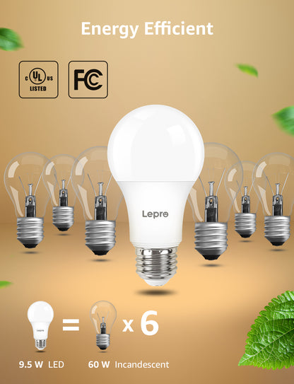 Lepro A19 Dimmable LED Light Bulbs, E26 Base, 9.5W (60W Equivalent), 800 Lumens, 2700K Warm White, UL Listed