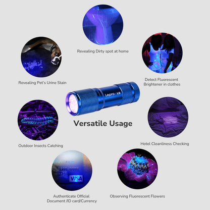 Lepro 365nm UV Flashlight, Small Portable Black Light Detector for Invisible Ink Pens, Dog Cat Pet Urine Stain, AAA Batteries Included, Blue