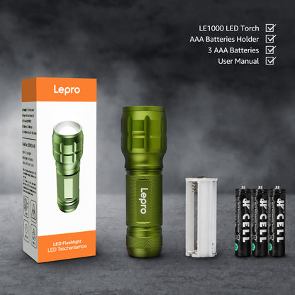 Lepro Portable LED Flashlight (Green, High Lumens, Waterproof, AAA Batteries Included)