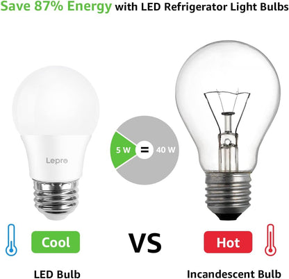 Lepro A15 LED Refrigerator Light Bulb, E26 Base, 5W (40W Equivalent), 450 Lumens, 5000K Daylight, Non-Dimmable, Appliance & Freezer Safe, 2-Pack