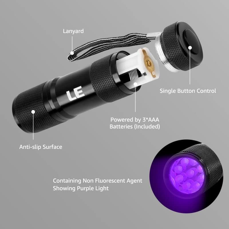 LE 9 LEDs UV LED Flashlight, Blacklight, 395nm Utlra Violet, 3 AAA Batteries Included LE 9 LEDs UV LED Flashlight, Blacklight, 395nm Utlra Violet, 3 AAA Batteries Included