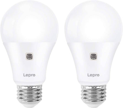 Lepro A19 Dusk to Dawn LED Light Bulb, E26 Base, 9W (60W Equivalent), 800 Lumens, 2700K Warm White, Non-Dimmable, Damp-Proof, 2-Pack