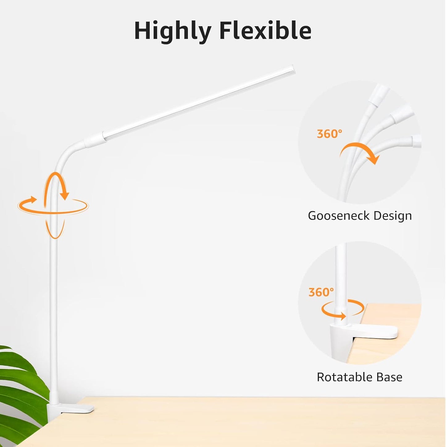 Lepro Clamp Desk Lamp (Dimmable, White, Eye-Caring Reading Light)