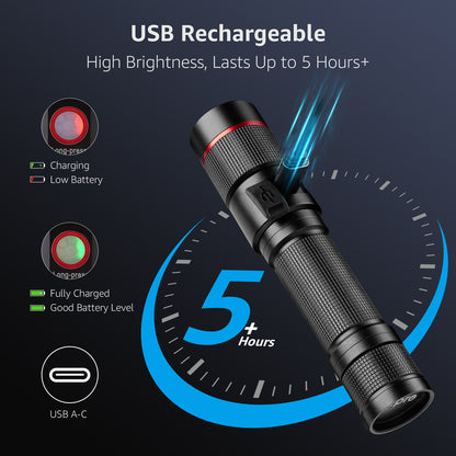 Lepro LED Flashlight Rechargeable, 3W 7500K, 5V Input, with Type-A to Type-C Cable, IPX4 Waterproof, Zoomable, 5 Lighting Modes, 150LM