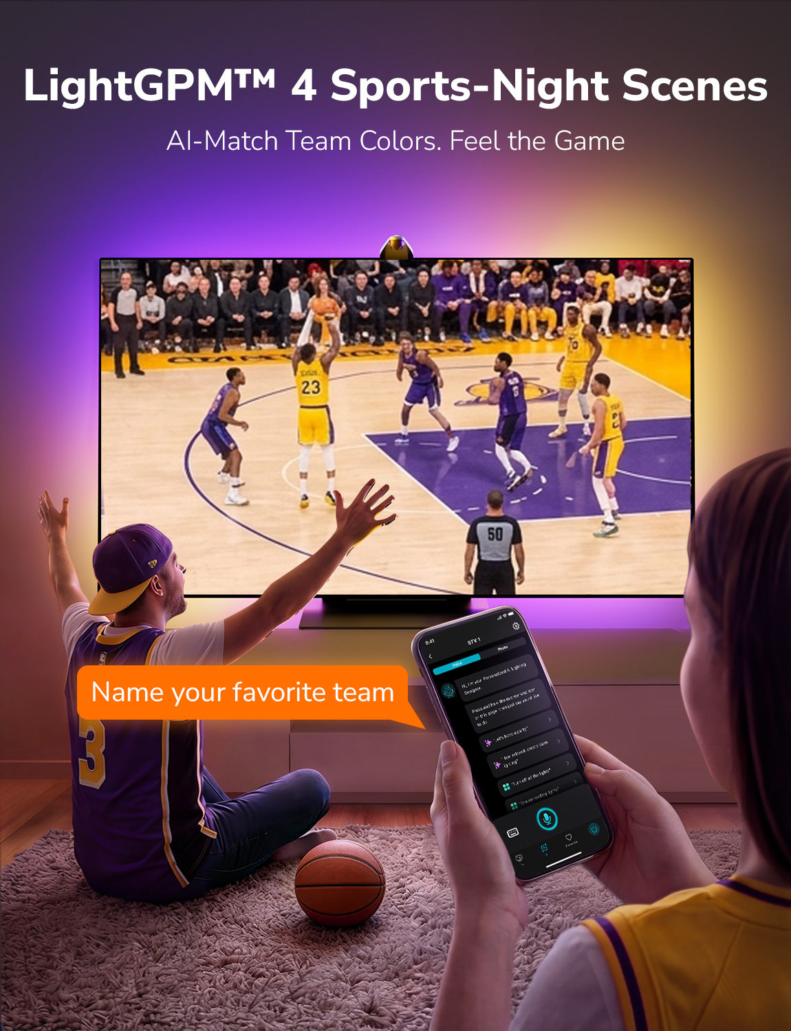 Person watching a basketball game on a TV with smartphone app interface, featuring LightGPM 4 Sports-Night Scenes.