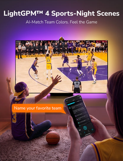 Person watching a basketball game on a TV with smartphone app interface, featuring LightGPM 4 Sports-Night Scenes.