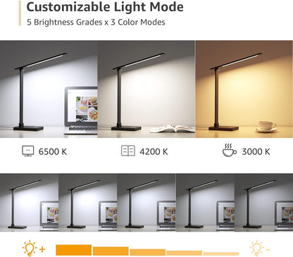 Lepro LED Desk Lamp (Dimmable, Black, with USB Charging Port)