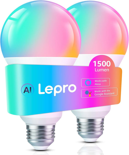 Lepro B3 AI Smart Light Bulbs - 1500LM 100W Equivalent A21 Bulb, WiFi & Bluetooth RGBWW Color Changing, Works with Alexa & Google Assistant, AI Voice Control by App, Music Sync, 2.4GHz Only