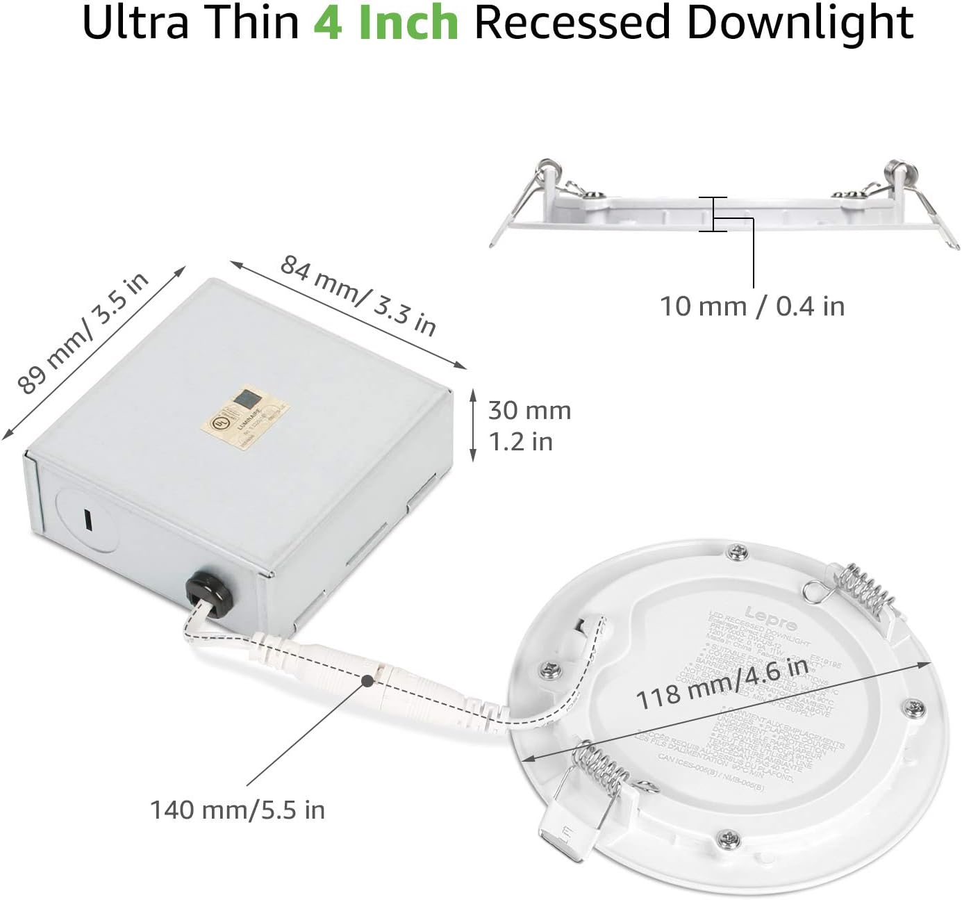 Lepro 12 Pack LED Recessed Lighting, 4 Inch Ultra-Thin Ceiling Light with Junction Box, Dimmable Retrofit Downlight, 11W 750LM 3000K Soft White Baffle Trim - UL FCC Energy Star Certified