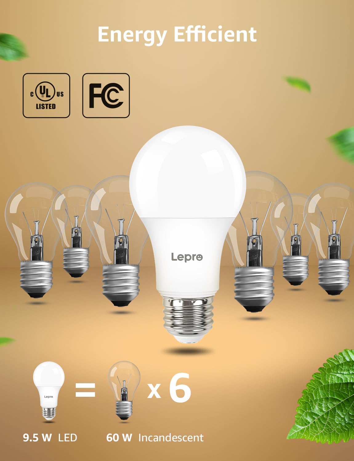 Lepro A19 Dimmable LED Light Bulbs, E26 Base, 9.5W (60W Equivalent), 800 Lumens, 2700K Warm White, UL Listed