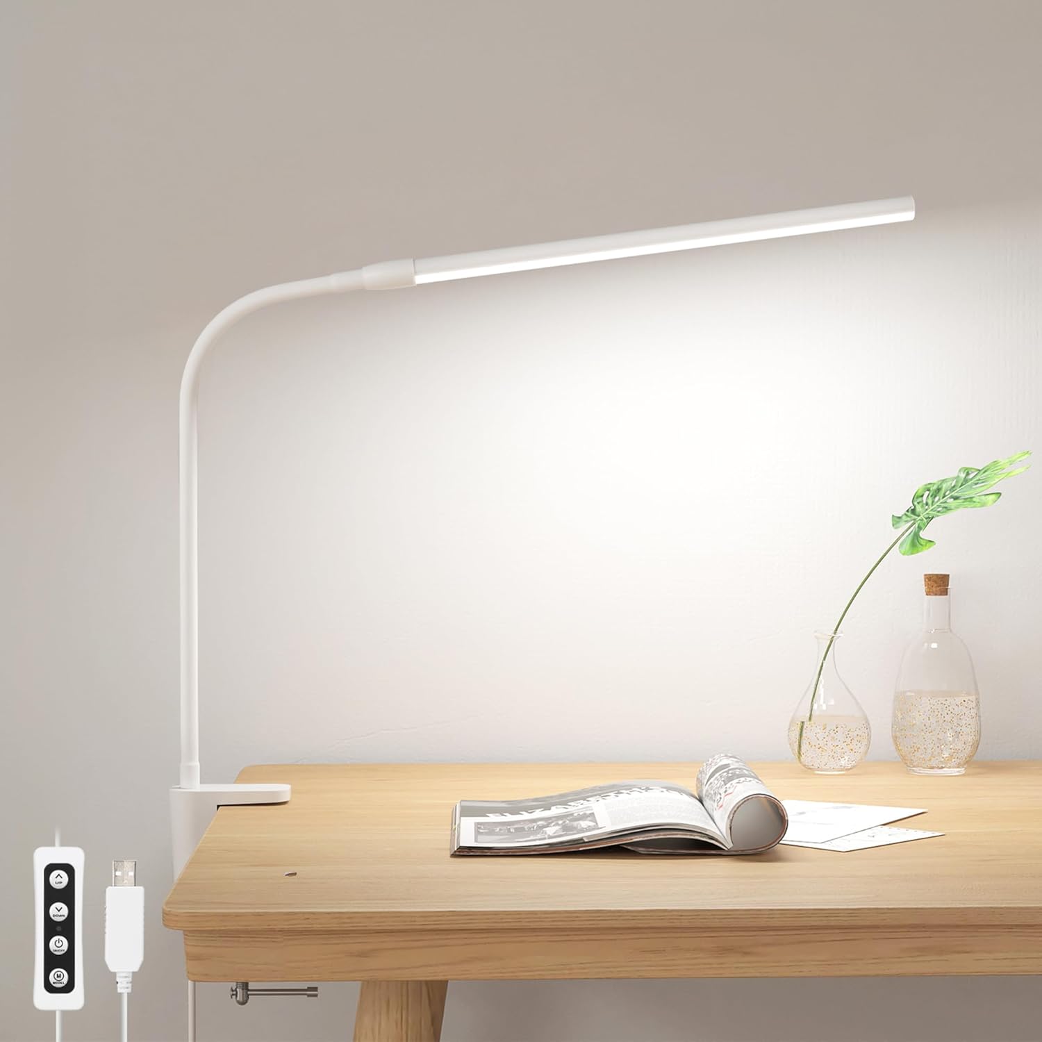 Lepro Clamp Desk Lamp (Dimmable, White, Eye-Caring Reading Light)