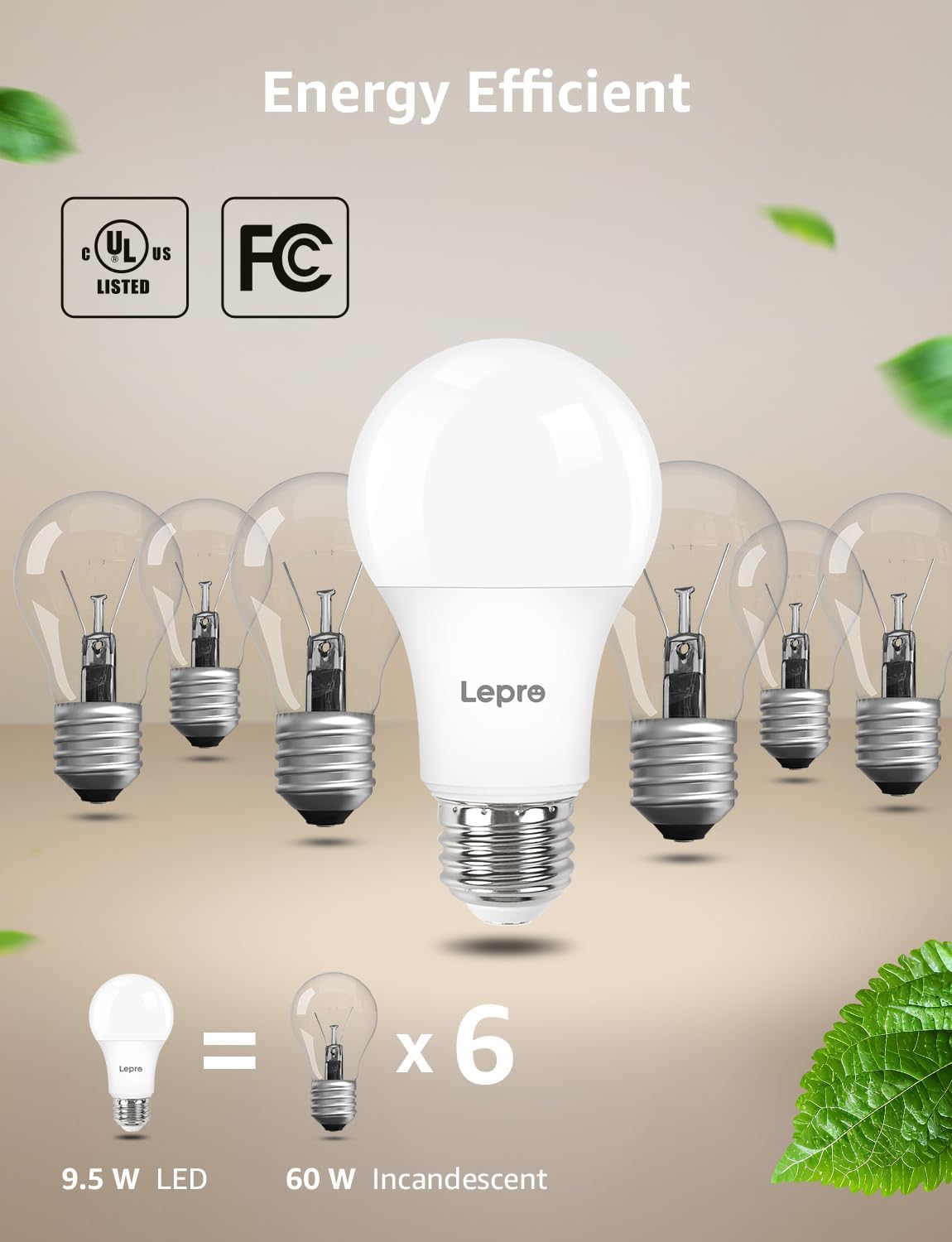 Lepro A19 Dimmable LED Light Bulbs, E26 Base, 9.5W (60W Equivalent), 800 Lumens, 5000K Daylight, UL Listed