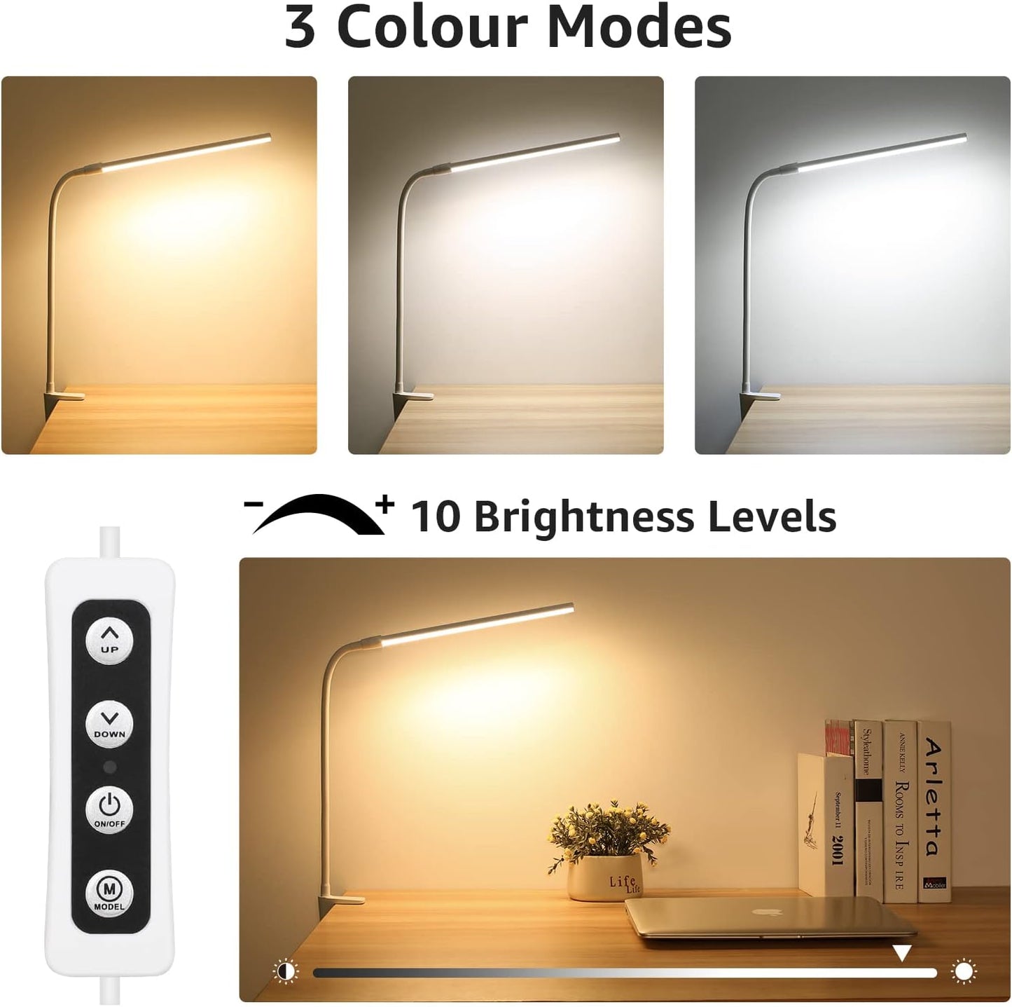 Lepro Clamp Desk Lamp (Dimmable, White, Eye-Caring Reading Light)