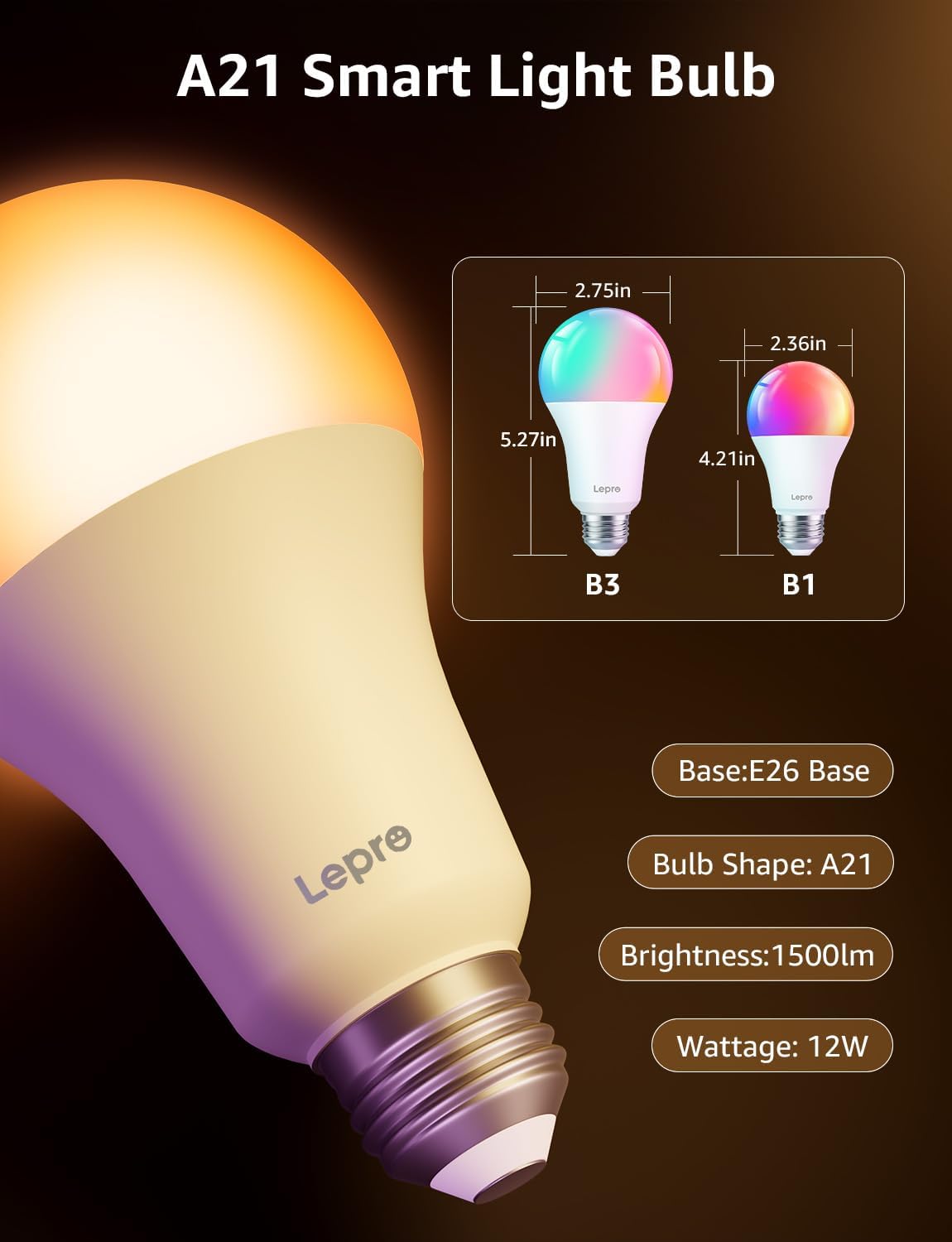 Lepro B3 AI Smart Light Bulbs - 1500LM 100W Equivalent A21 Bulb, WiFi & Bluetooth RGBWW Color Changing, Works with Alexa & Google Assistant, AI Voice Control by App, Music Sync, 2.4GHz Only