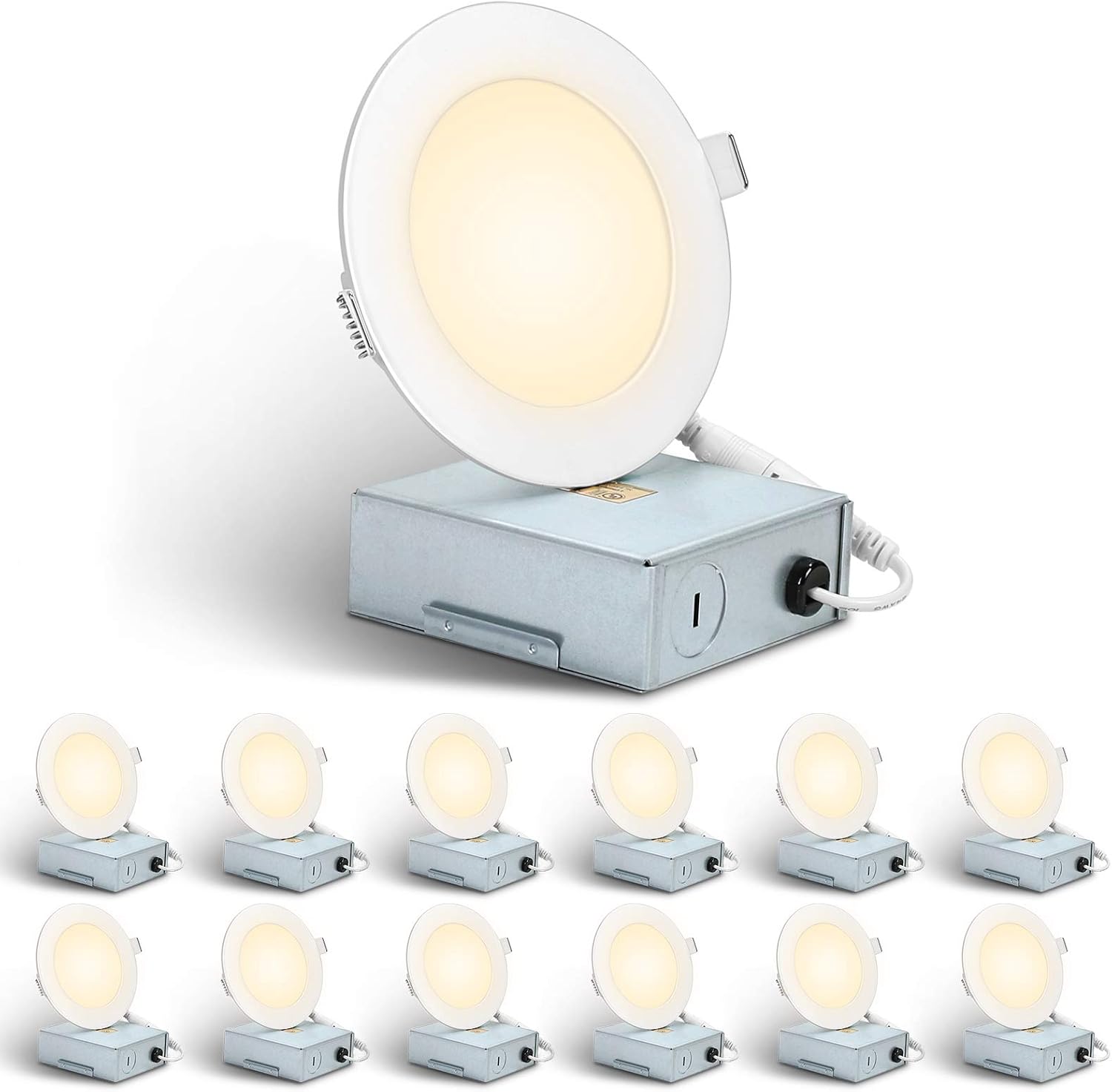 12 Pack LED Recessed Lighting 4 Inch Ultra Thin Ceiling Light Junction Box Dimmable Retrofit Downlight 11W 750LM 3000K Soft Baffle Trim UL FCC Energy Star Certified
