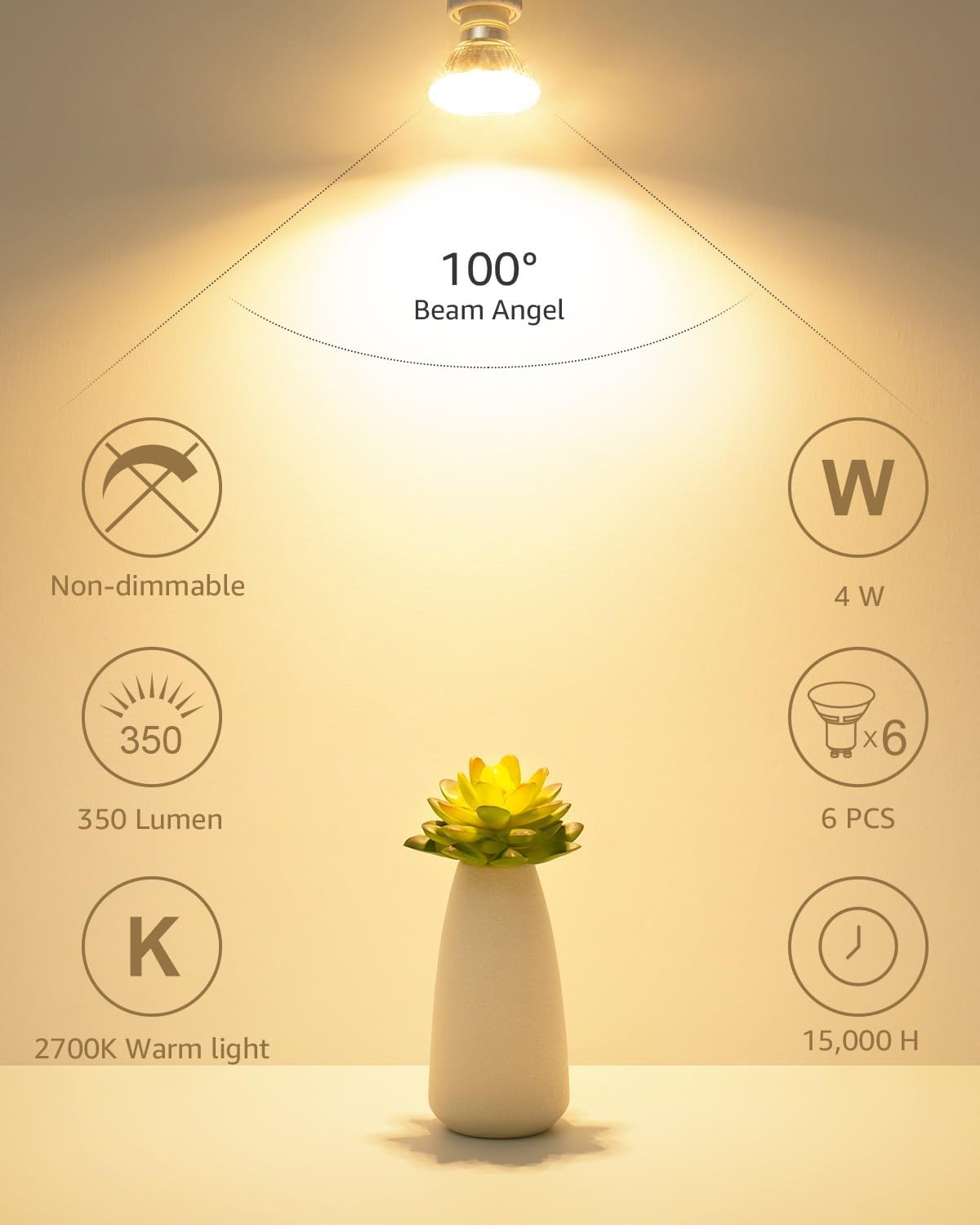 Lepro GU10 LED Light Bulbs, Non-Dimmable, 4W (35W Equivalent), 2700K Warm White, 100° Flood Beam