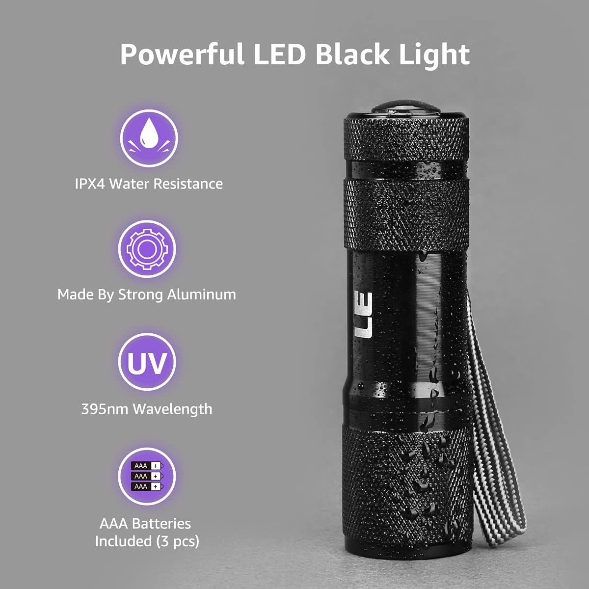 black light portable flashlight LE 9 LEDs UV LED Flashlight, Blacklight, 395nm Utlra Violet, 3 AAA Batteries Included