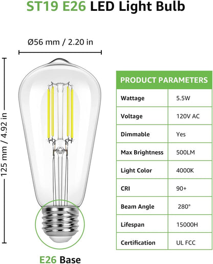 Lepro ST19 Vintage Edison LED Bulbs, Dimmable, E26 Base, 8W (60W Equivalent), 800 Lumens, 4000K Cool White, Clear Glass