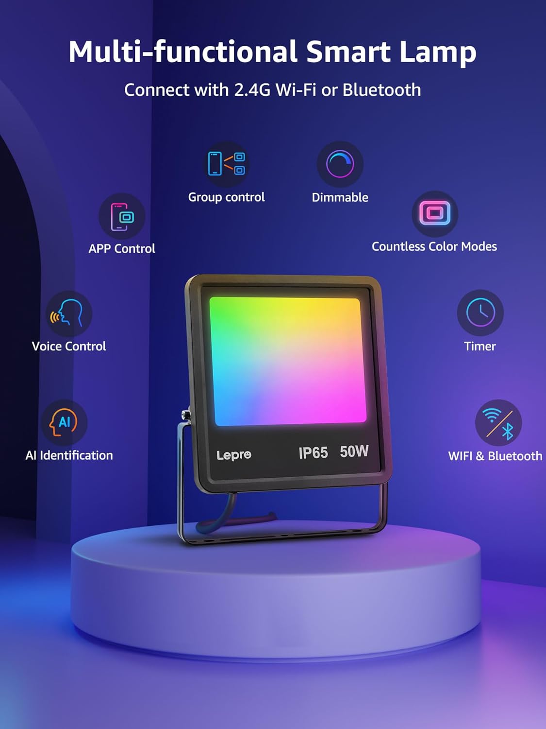Lepro multi-functional smart flood light with colorful RGBW display.