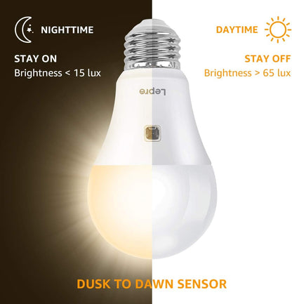 Lepro A19 Dusk to Dawn LED Light Bulb, E26 Base, 9W (60W Equivalent), 800 Lumens, 2700K Warm White, Non-Dimmable, Damp-Proof, 2-Pack